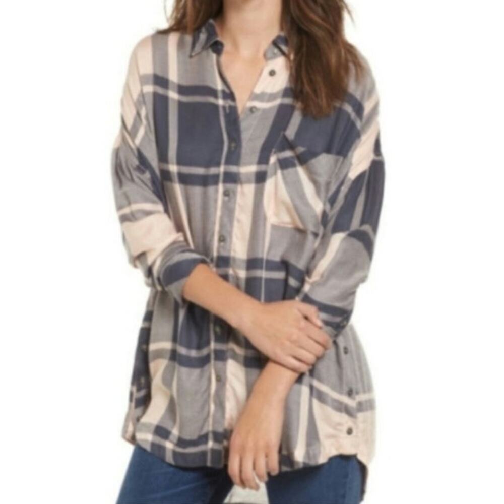 Free People Plaid Pink Blue Oversized Slouchy Button Down Lightweight S EUC